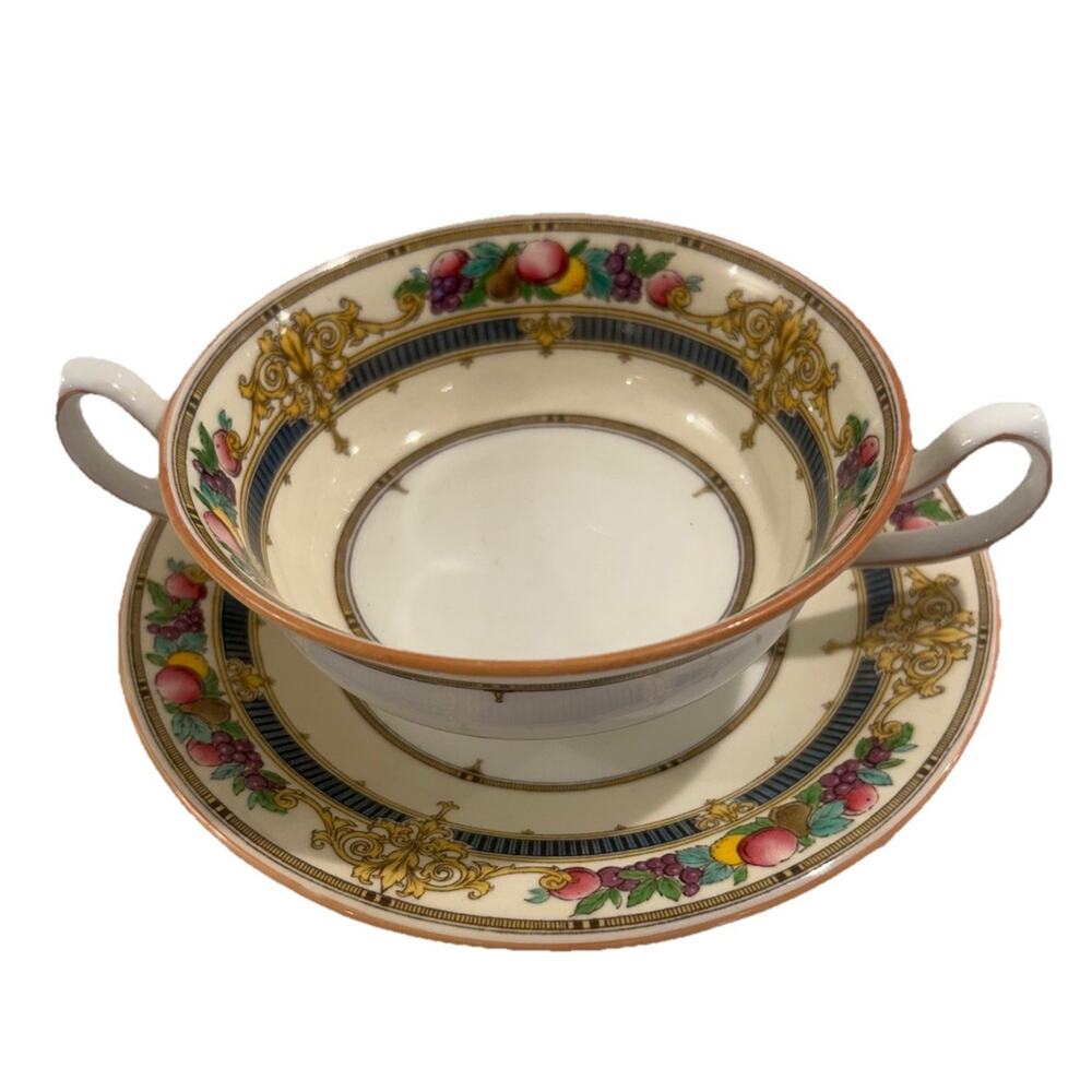 Antique Mintons H3742 Footed Bouillon Cup‎ & Saucer England Bone China RARE Set